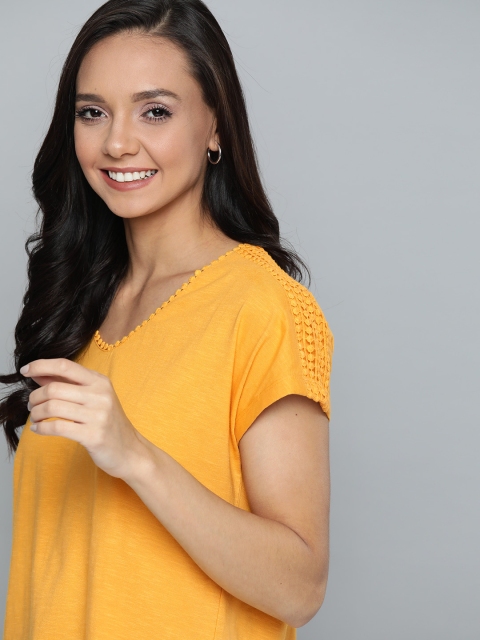 

Mast & Harbour Women Mustard Yellow Relaxed Fit Solid V-Neck T-shirt