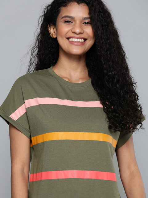 

Mast & Harbour Women Olive Green & Pink Striped Round Neck T-shirt
