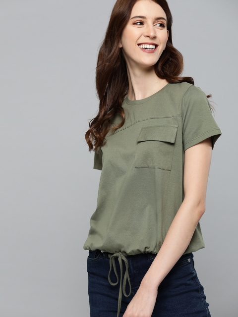 

Mast & Harbour Women Olive Green Solid Round Neck T-shirt