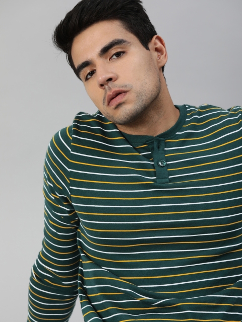 

Roadster Men Green & Yellow Striped Henley Neck T-shirt
