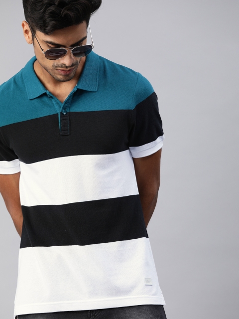 

Roadster Men Blue Black Colourblocked Polo Collar Pure Cotton T-shirt