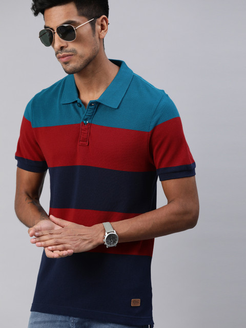 

Roadster Men Navy Blue & Red Colourblocked Polo Collar T-shirt