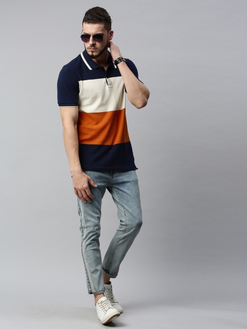 

Roadster Men Navy Blue White Colourblocked Polo Collar Pure Cotton T-shirt