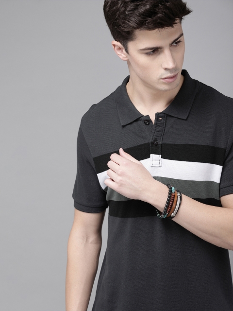 

Roadster Men Charcoal Grey Striped Polo Collar T-shirt