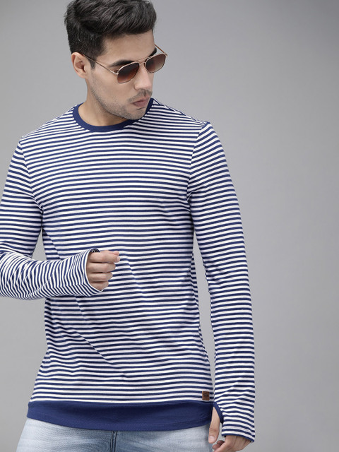 

Roadster Men Navy Blue White Striped Round Neck Pure Cotton T-shirt