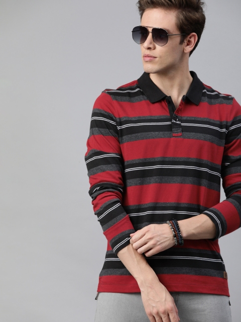 

Roadster Men Red & Black Striped Polo Collar T-shirt