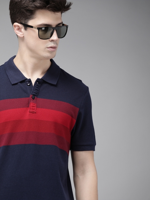 

Roadster Men Navy Blue & Red Striped Polo Collar T-shirt