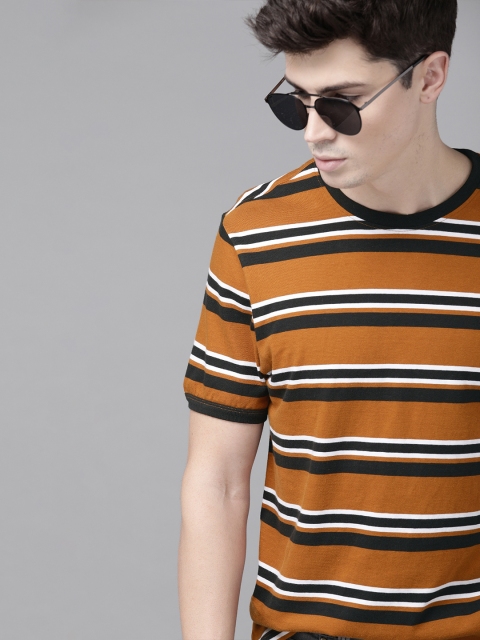 

Roadster Men Brown & Black Striped Round Neck T-shirt