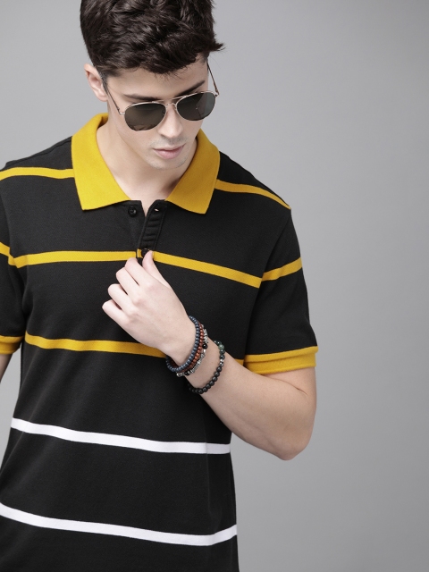 

Roadster Men Black Yellow Striped Polo Collar Pure Cotton T-shirt