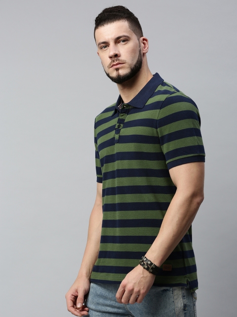 

Roadster Men Navy Blue & Green Striped Polo Collar T-shirt