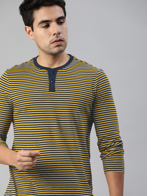 

Roadster Men Yellow & Navy Blue Striped Henley Neck T-shirt