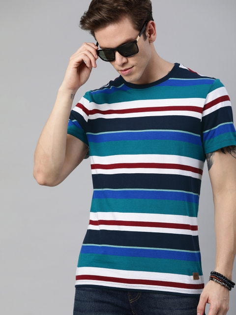 

Roadster Men Navy Blue & White Striped Round Neck T-shirt