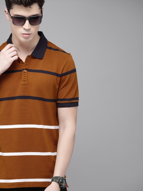 

Roadster Men Brown & Navy Blue Striped Polo Collar T-shirt