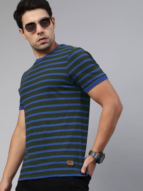 

Roadster Men Olive Green & Blue Striped Round Neck T-shirt