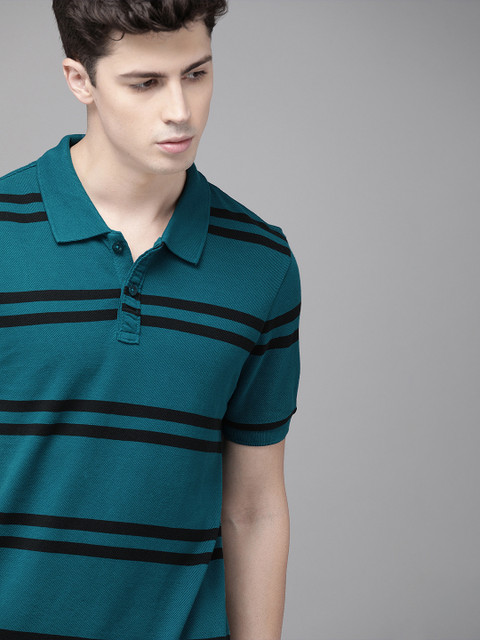 

Roadster Men Teal Blue & Black Striped Polo Collar T-shirt