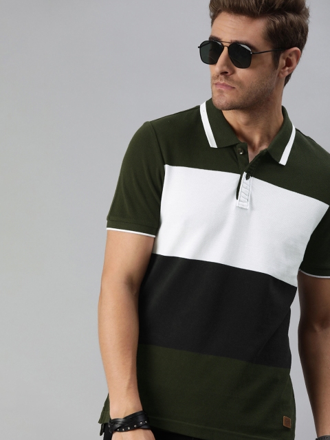 

Roadster Men Olive Green & Black Colourblocked Polo Collar T-shirt