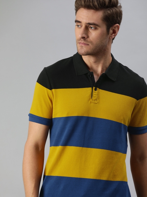 

Roadster Men Mustard Yellow & Black Striped Polo Collar T-shirt