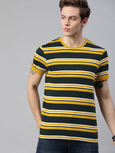 

Roadster Men Black & Mustard Yellow Striped Round Neck T-shirt