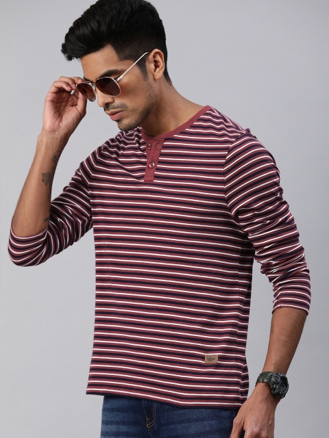 

Roadster Men Maroon & White Striped Henley Neck T-shirt
