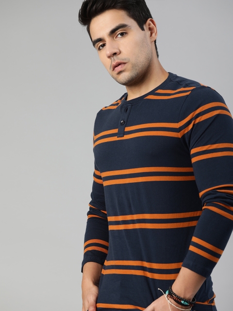 

Roadster Men Navy Blue & Orange Striped Henley Neck T-shirt