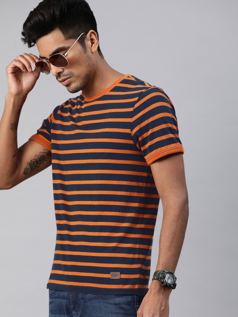 

Roadster Men Orange Navy Blue Striped Round Neck Pure Cotton T-shirt