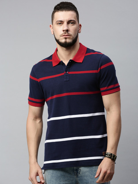 

Roadster Men Navy Blue & Red Striped Polo Collar T-shirt