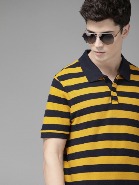 

Roadster Men Navy Blue & Mustard Yellow Striped Polo Collar T-shirt