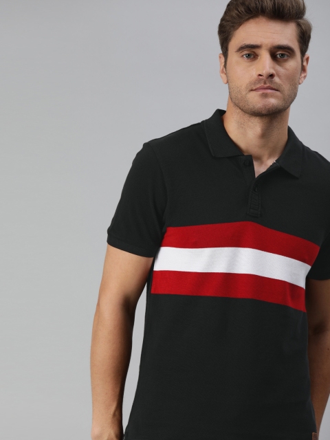 

Roadster Men Black & Red Striped Polo Collar T-shirt