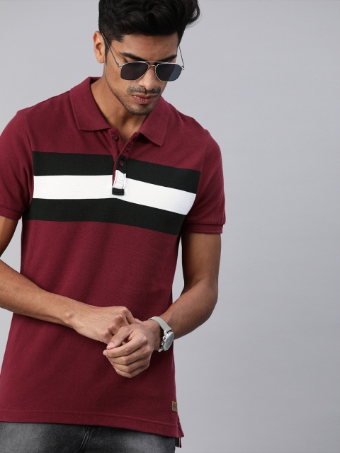 

Roadster Men Maroon & Black Striped Polo Collar T-shirt