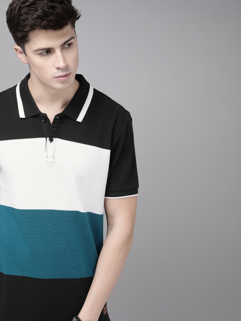 

Roadster Men Black & White Colourblocked Polo Collar T-shirt