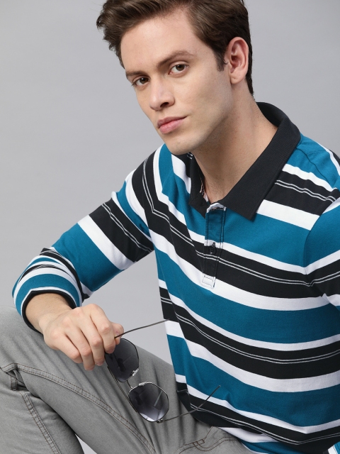 

Roadster Men Teal Blue & Black Striped Polo Collar T-shirt