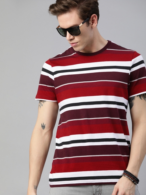 

Roadster Men Burgundy & White Striped Round Neck T-shirt