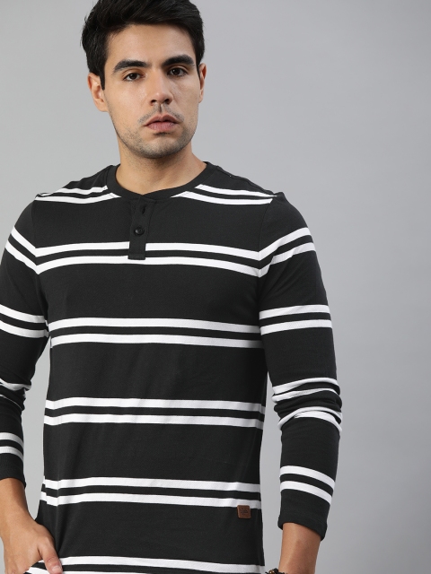 

Roadster Men Black & White Striped Henley Neck T-shirt