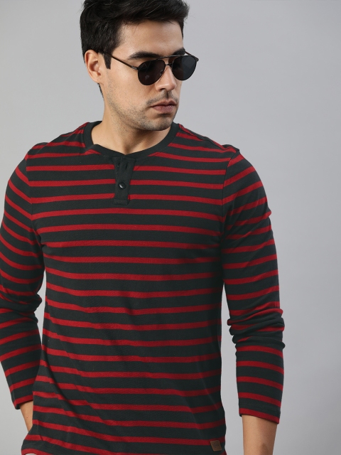 

Roadster Men Maroon & Black Striped Henley Neck T-shirt