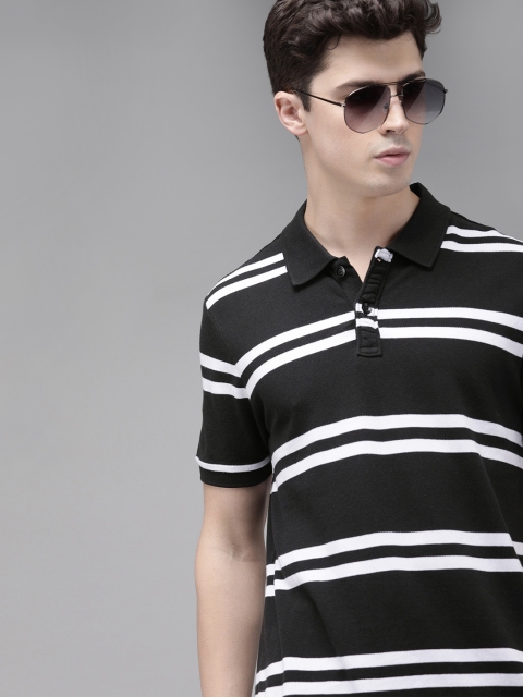 

Roadster Men Black White Striped Polo Collar Pure Cotton T-shirt