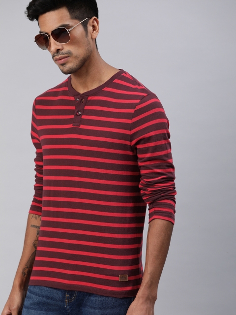 

Roadster Men Maroon Orange Striped Henley Neck Pure Cotton T-shirt