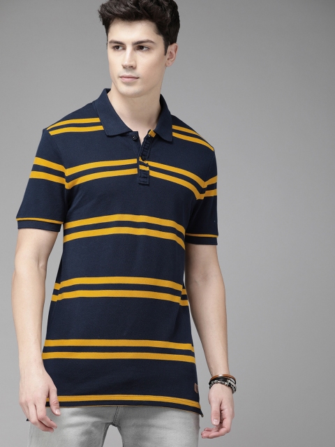 

Roadster Men Navy Blue & Yellow Striped Polo Collar T-shirt