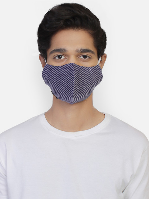 

Anekaant Men Navy Blue & Grey 3-Ply Woven Reusable Striped Cloth Mask