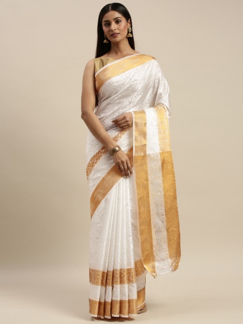 

KALINI White Silk Blend Woven Design Mysore Silk Saree