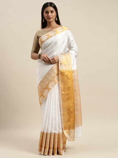 

KALINI White & Golden Silk Blend Woven Design Mysore Silk Saree