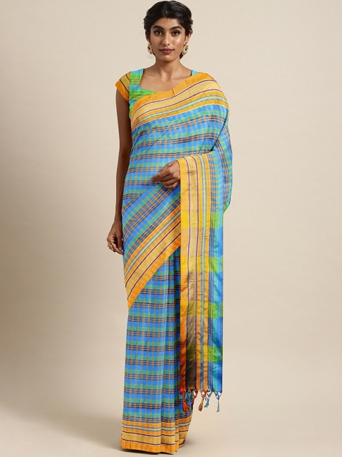 

KALINI Blue & Green Art Silk Checked Saree