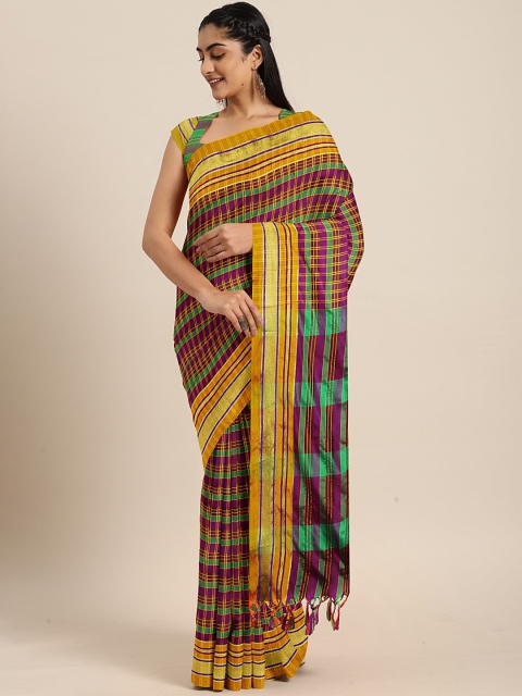 

KALINI Mustard Yellow & Purple Art Silk Checked Saree