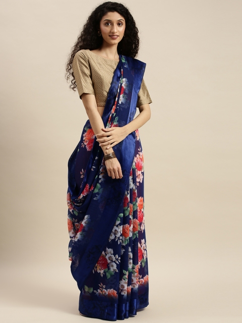

KALINI Navy Blue & Orange Cotton Blend Printed Saree
