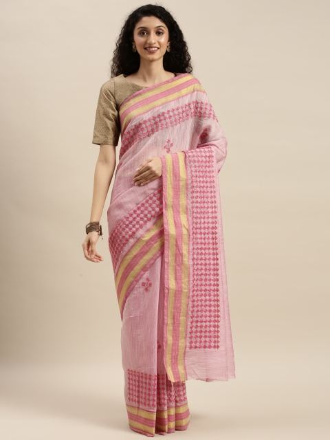 

KALINI Pink & Mustard Yellow Linen Blend Embroidered Saree