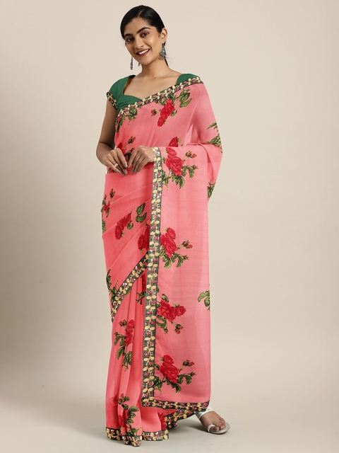 

KALINI Pink & Red Floral Printed Pure Georgette Saree