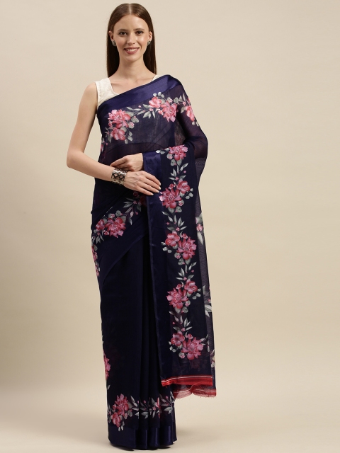 

KALINI Navy Blue Printed Linen Blend Saree