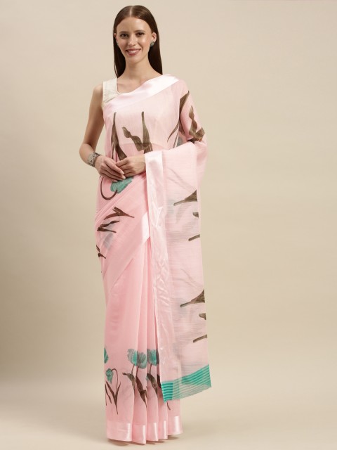 

KALINI Pink & Green Linen Blend Printed Saree