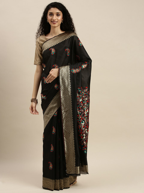 

KALINI Black & Gold-Toned Art Silk Woven Design Saree