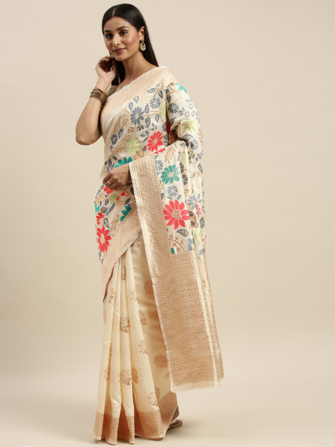 

KALINI Cream-Coloured Printed Art Silk Saree