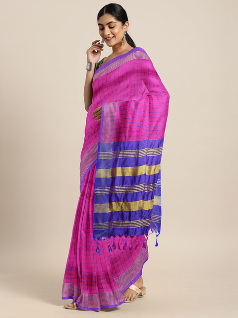 

KALINI Pink & Blue Art Silk Checked Saree